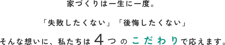 家づくりは一生に一度。「失敗したくない」「後悔したくない」そんな想いに、私たちは4つのこだわりで応えます。